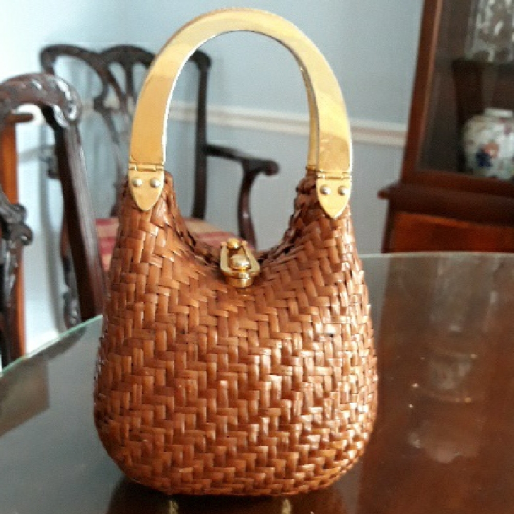 Vintage Koret Brown Woven Basket Weave Purse with Brass Handles, Excellent Shape